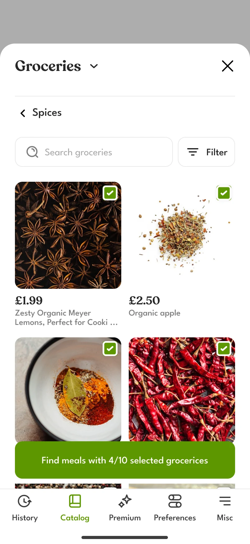 Groceries, Spices: four products ticked and a button to find meals with the 4 of 10 selected