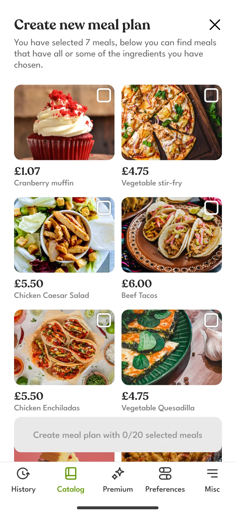 “Create new meal plan”: dishes that have all or some of the chosen ingredients, and a button counting selected meals out of 20