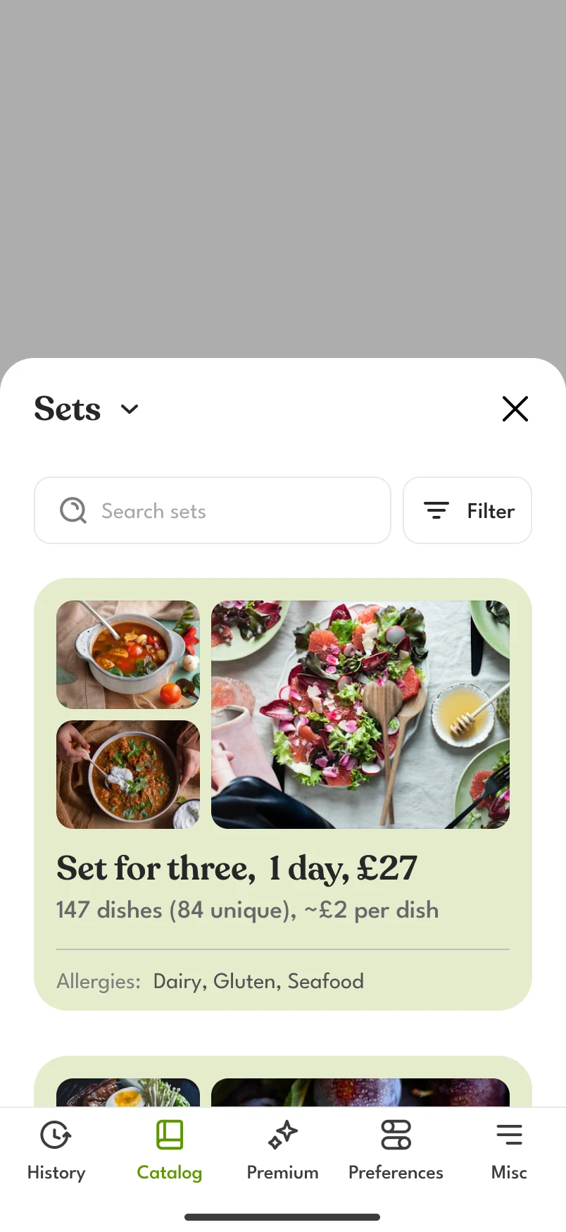 The Sets section of the catalog: “Set for three, 1 day, £27” with its dishes, price per dish and allergies