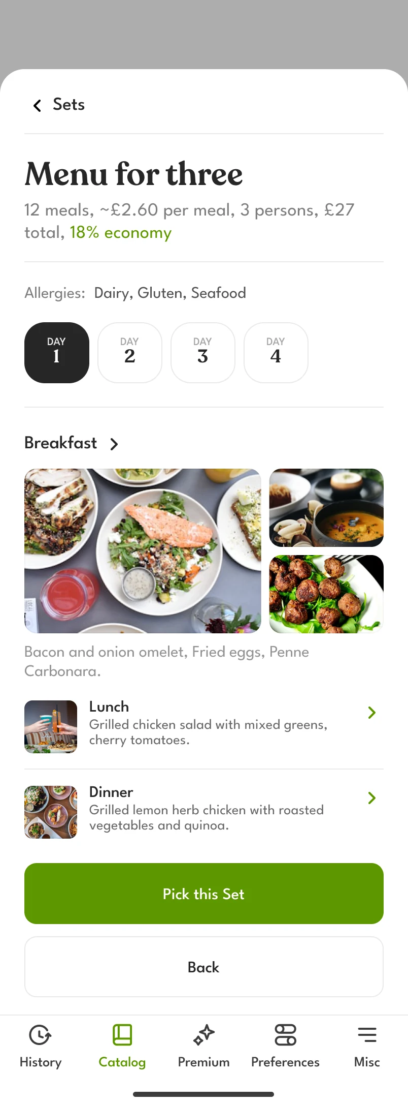 A set’s page, “Menu for three”: 12 meals, £27 in total, its allergies, four days, and the first day’s meals