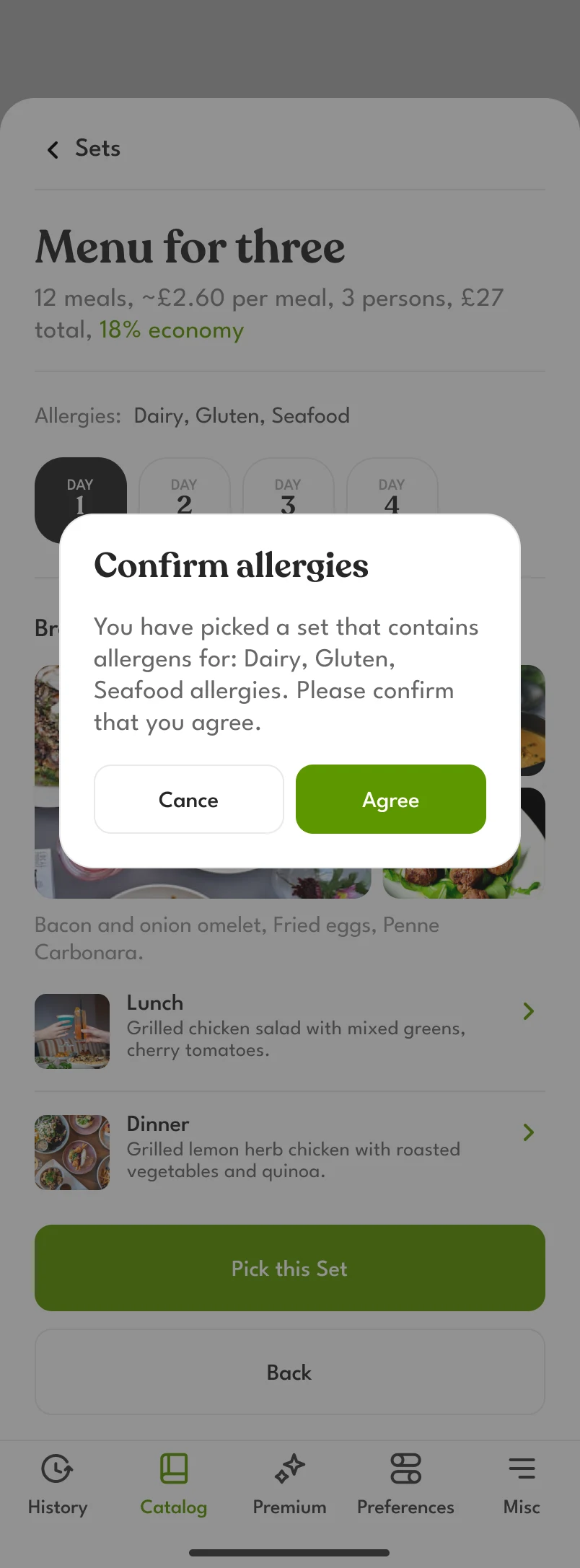 A dialog over the set: “Confirm allergies. You have picked a set that contains allergens for: Dairy, Gluten, Seafood allergies. Please confirm that you agree.”