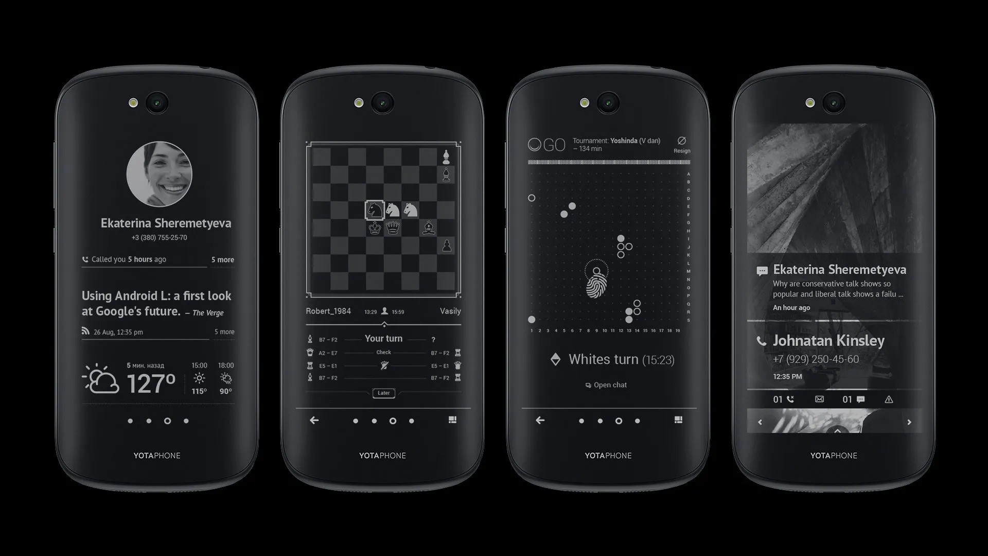 Four e-ink back screens: a contact card with the weather, a chess game, a Go board, and a call from a contact