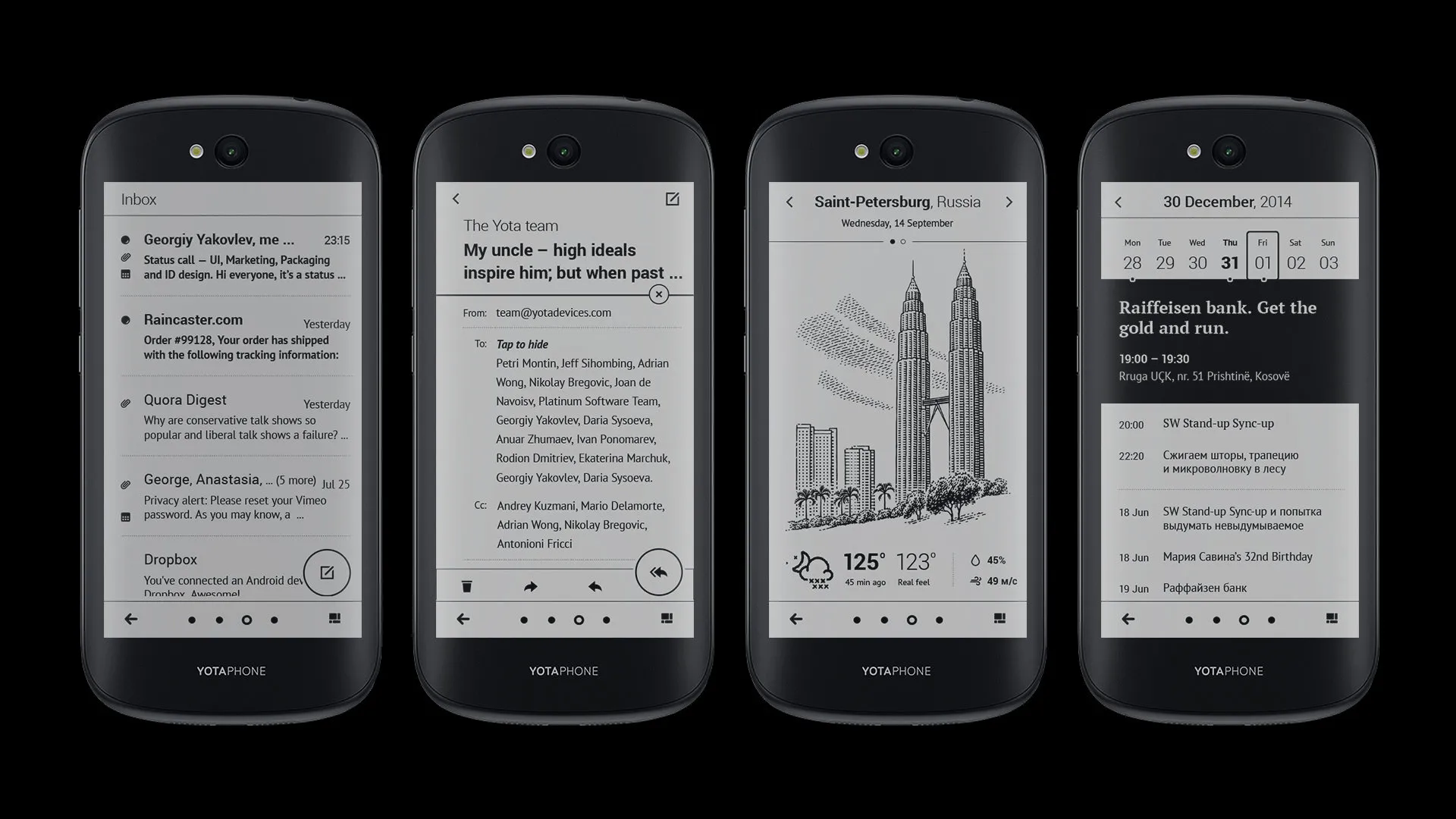 Four e-ink apps: the mail inbox, a message, a city weather screen with a line drawing, and the calendar