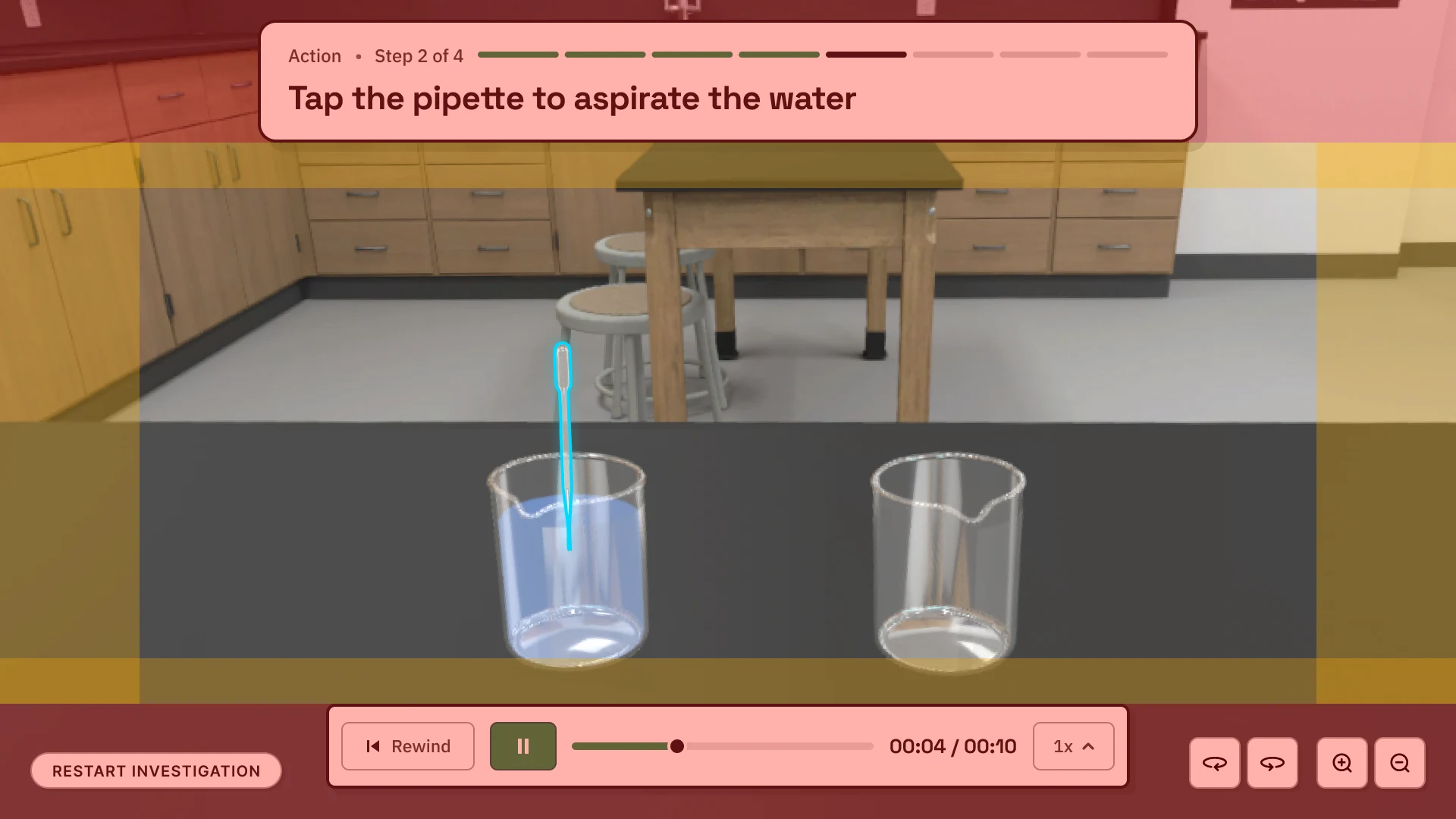 A pipette step with the safe zone drawn over it: red bands over the step card at the top and the time bar at the bottom, a yellow band inside them, and in the clear middle a pipette in a beaker of water beside an empty beaker.