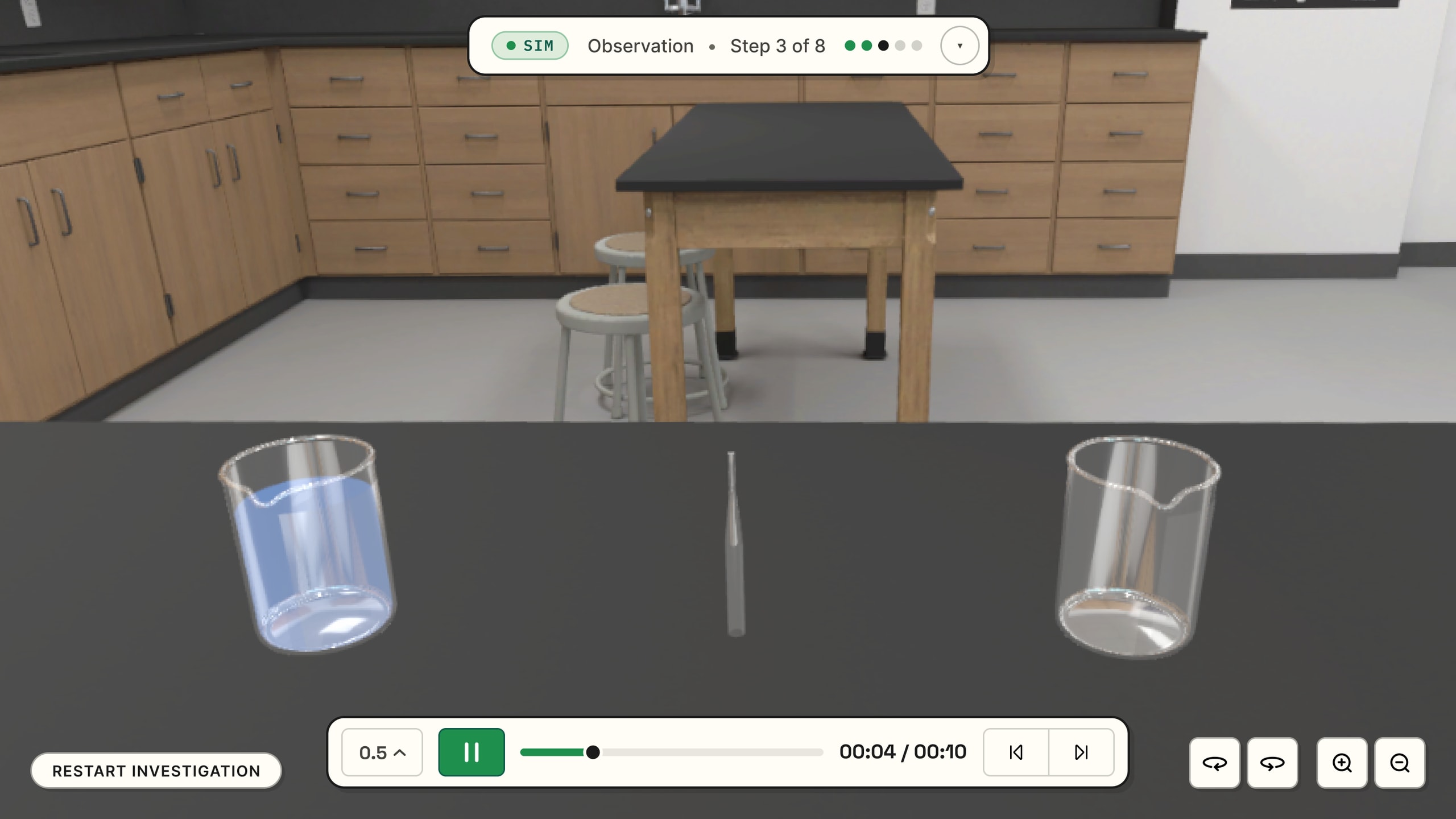 The same bench with the step card collapsed to a slim bar at the top center: the phase, the step count, progress dots and a small button.