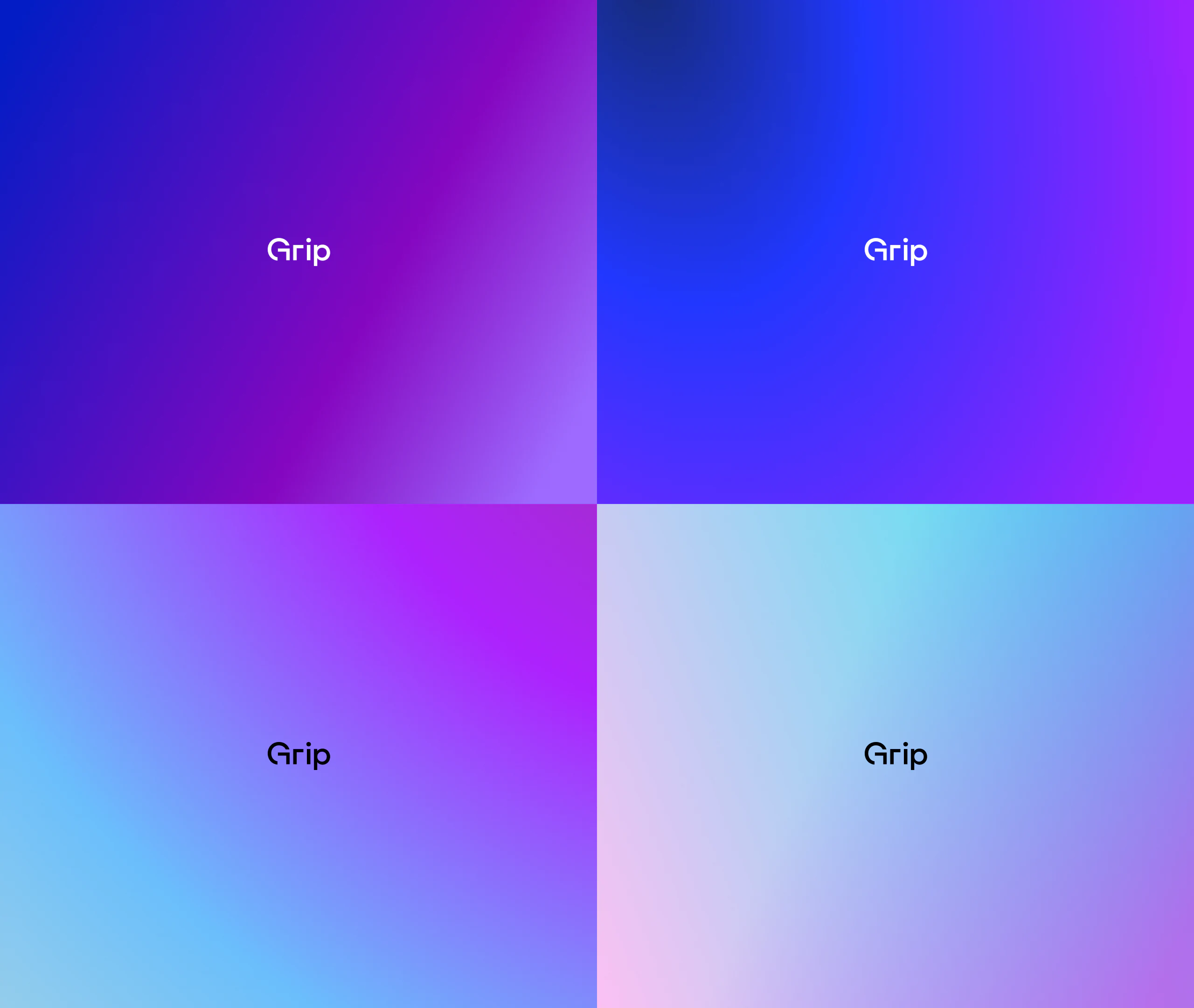 Four cool gradient fields, deep blue to lilac, each with the Grip logo