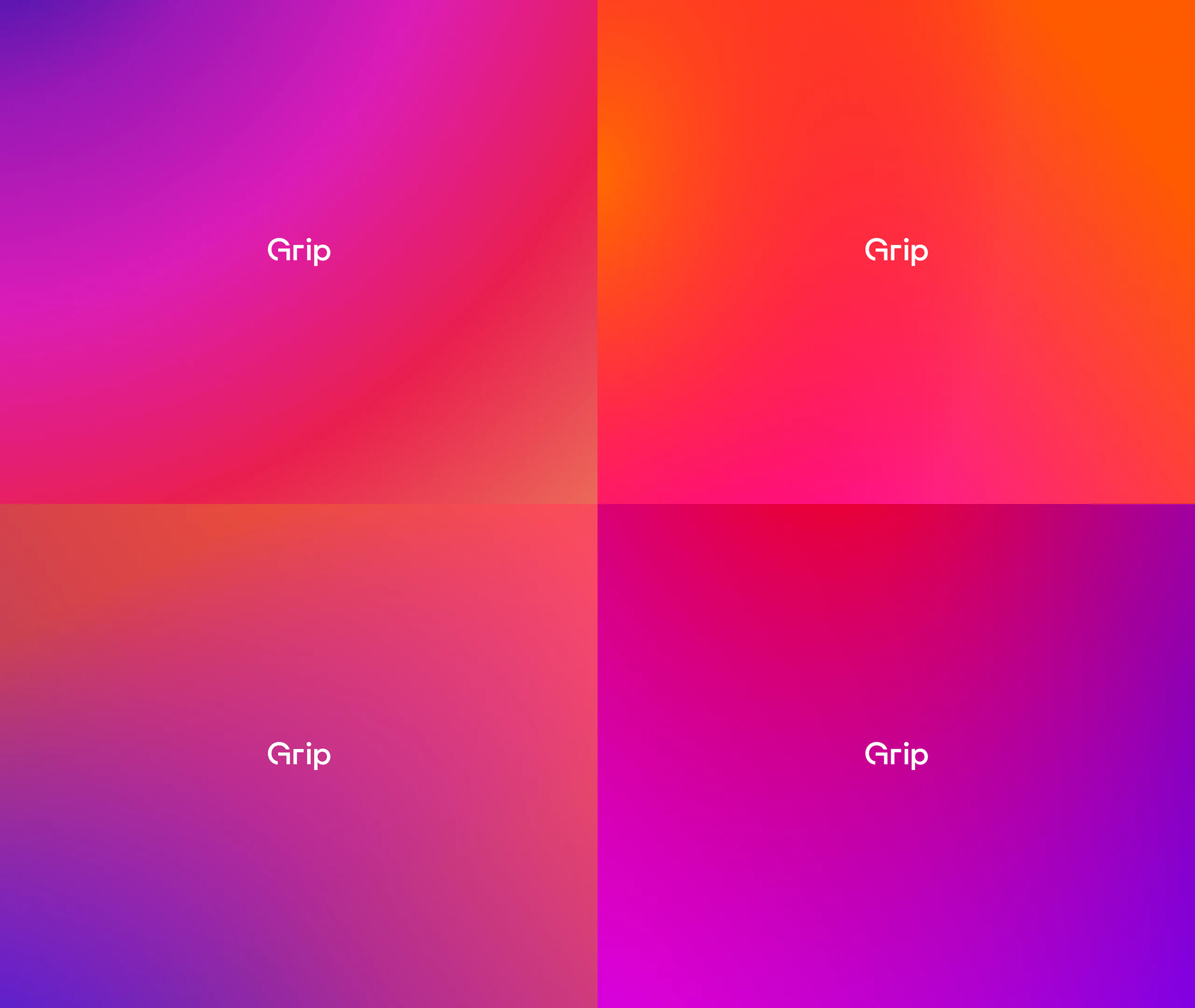 Four warm gradient fields, magenta to orange, each with the Grip logo