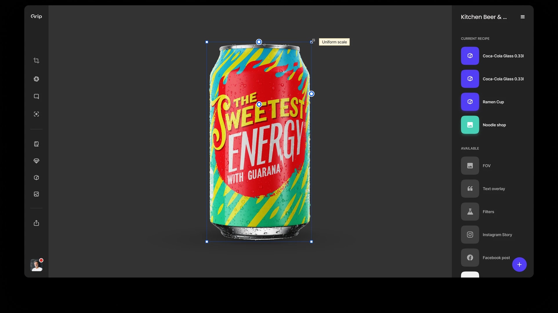 The Grip editor with a ‘Sweetest Energy’ can selected, and its recipe of layers on the right