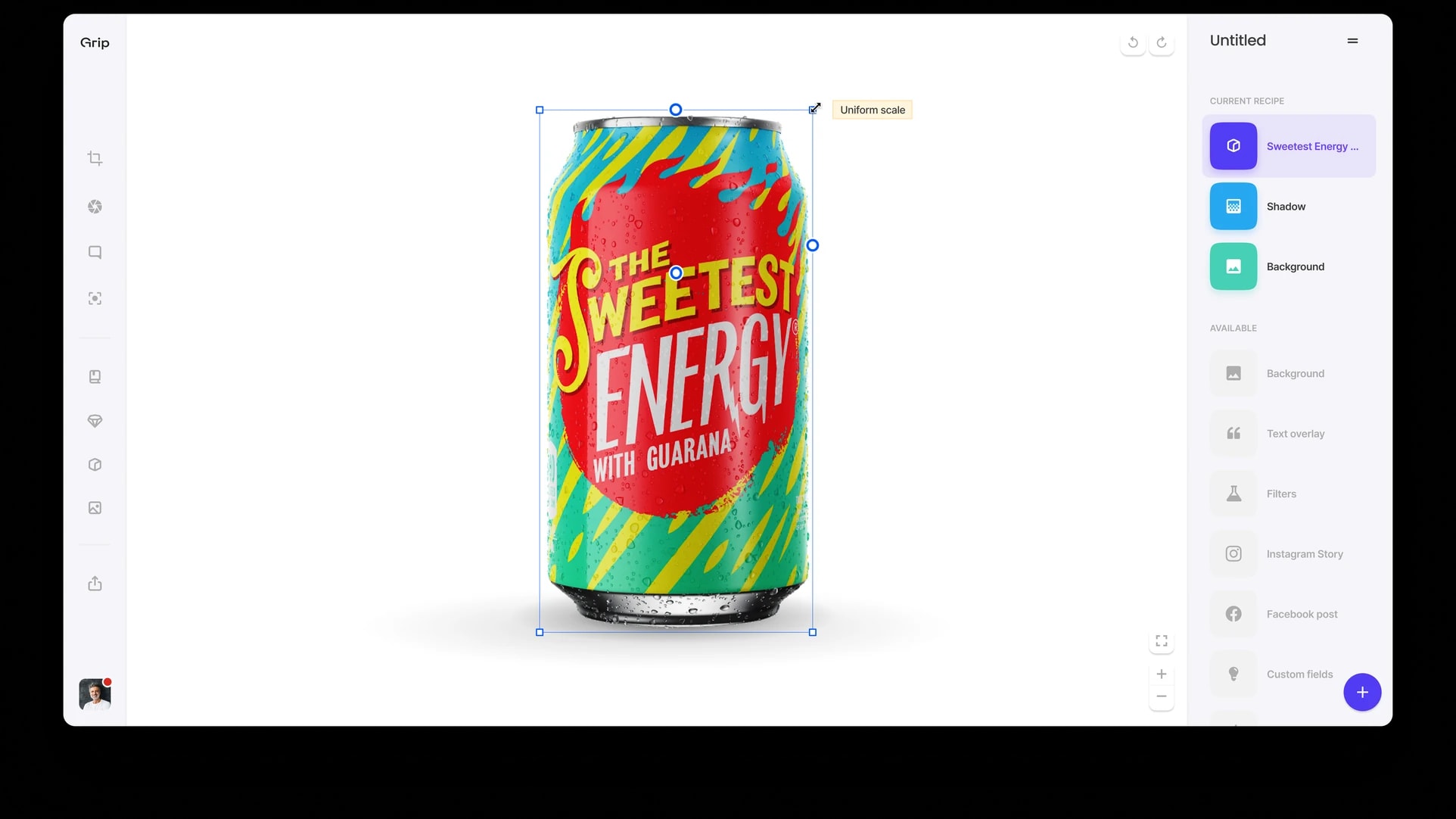 The Grip editor with a ‘Sweetest Energy’ can selected, and its recipe of layers on the right