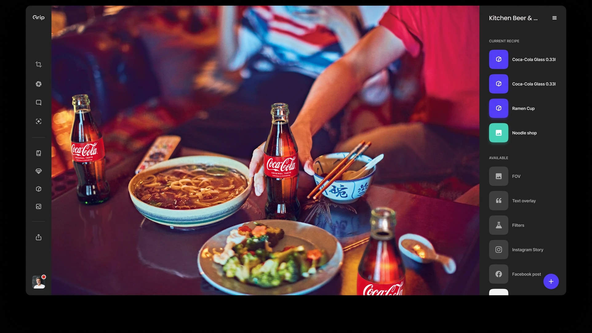 The editor: Coca-Cola bottles on a table beside a bowl of noodles, with the layer list on the right