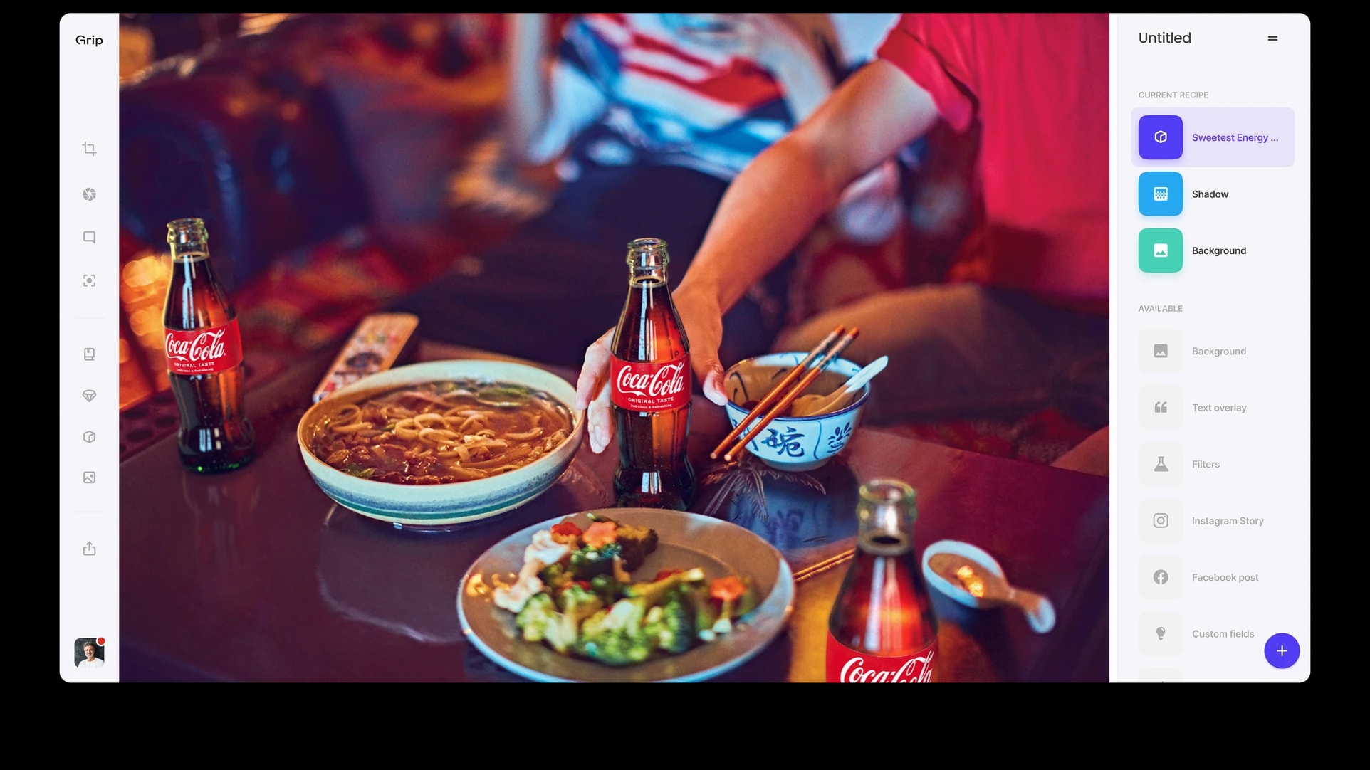 The editor: Coca-Cola bottles on a table beside a bowl of noodles, with the layer list on the right