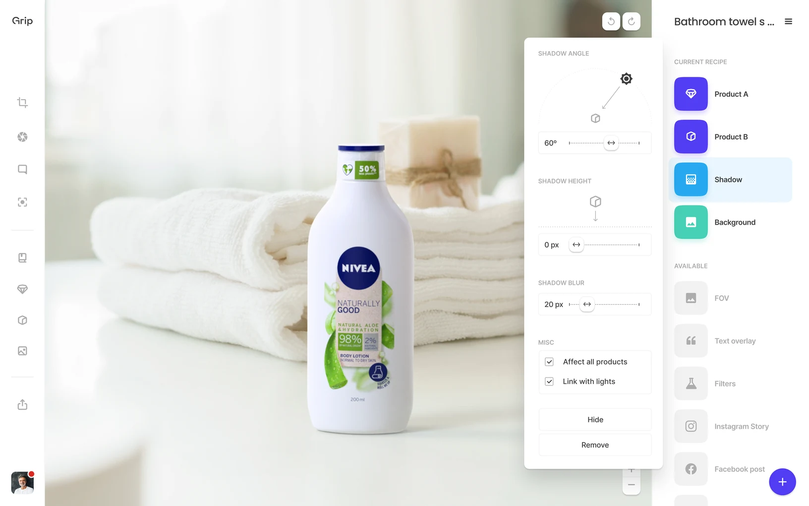 A Nivea bottle on towels in the editor, with the shadow settings open