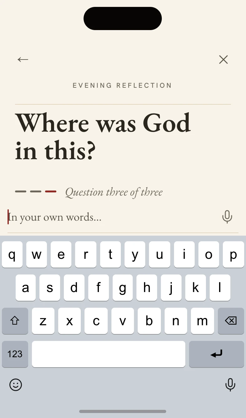 Evening reflection, question three, on a 667-point screen: the question set smaller to fit above the keyboard.