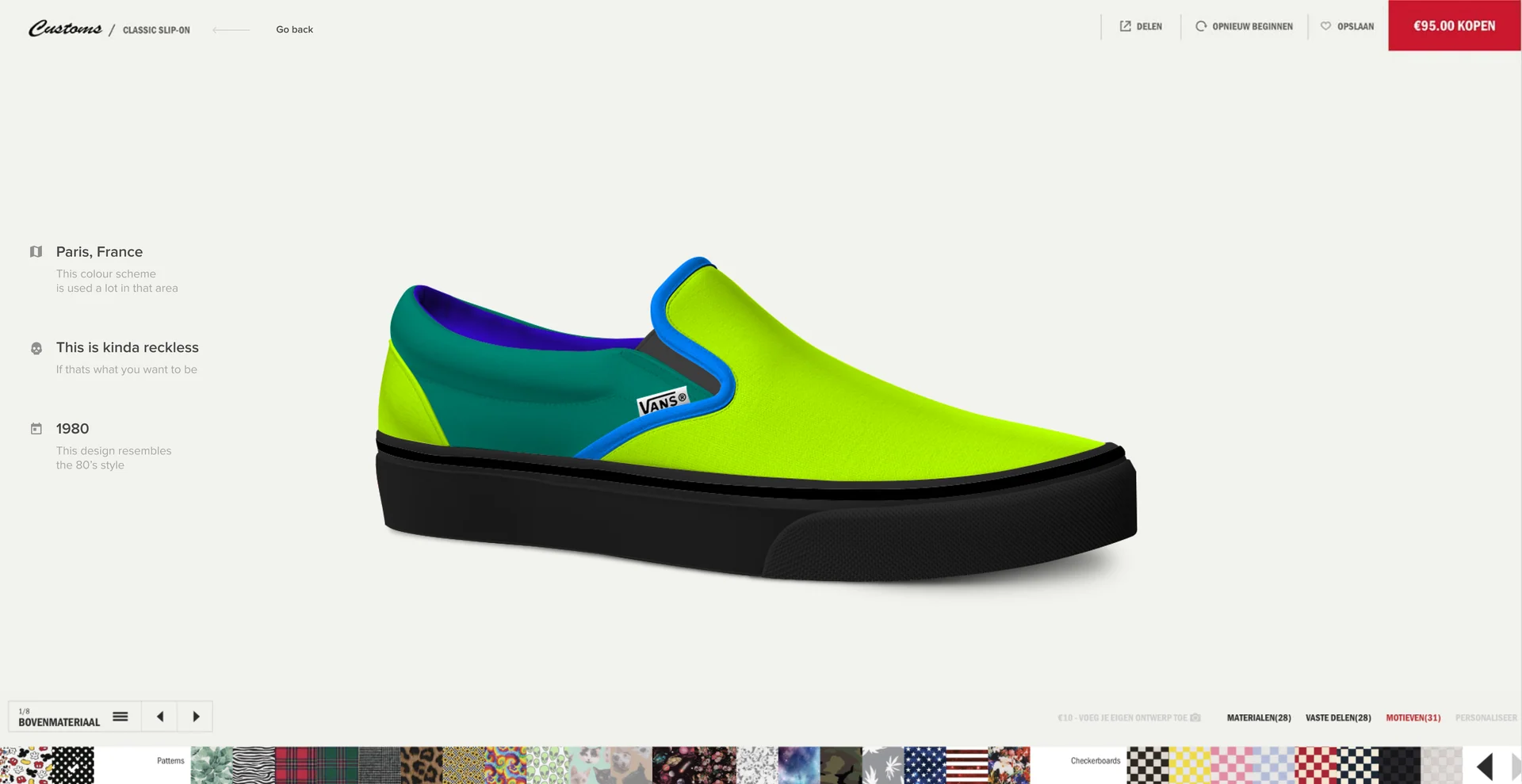 A lime and teal slip-on, read as popular in Paris, “kinda reckless” and resembling 1980