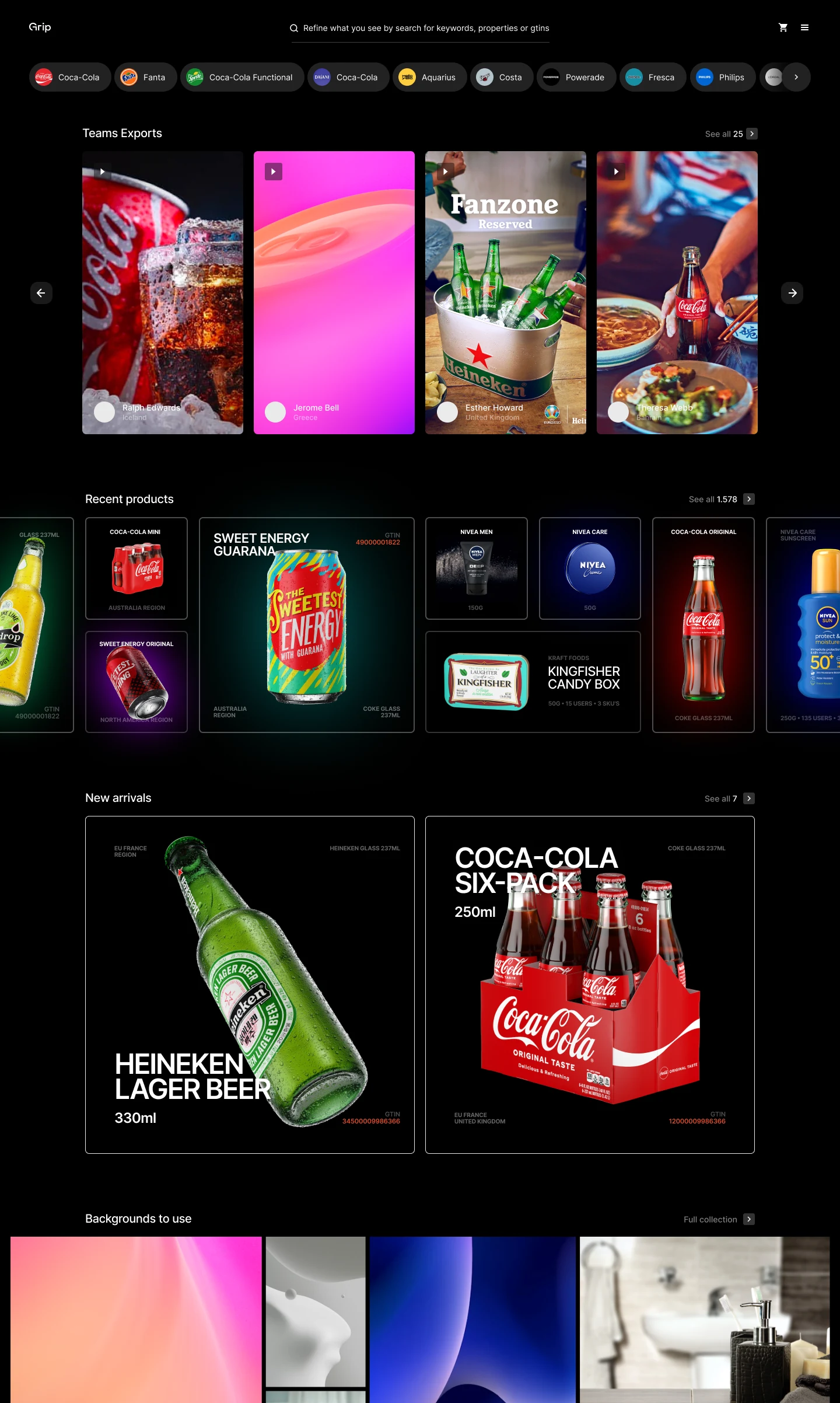 Grip’s home page: brand filters, team exports, recent products, new arrivals and backgrounds to use