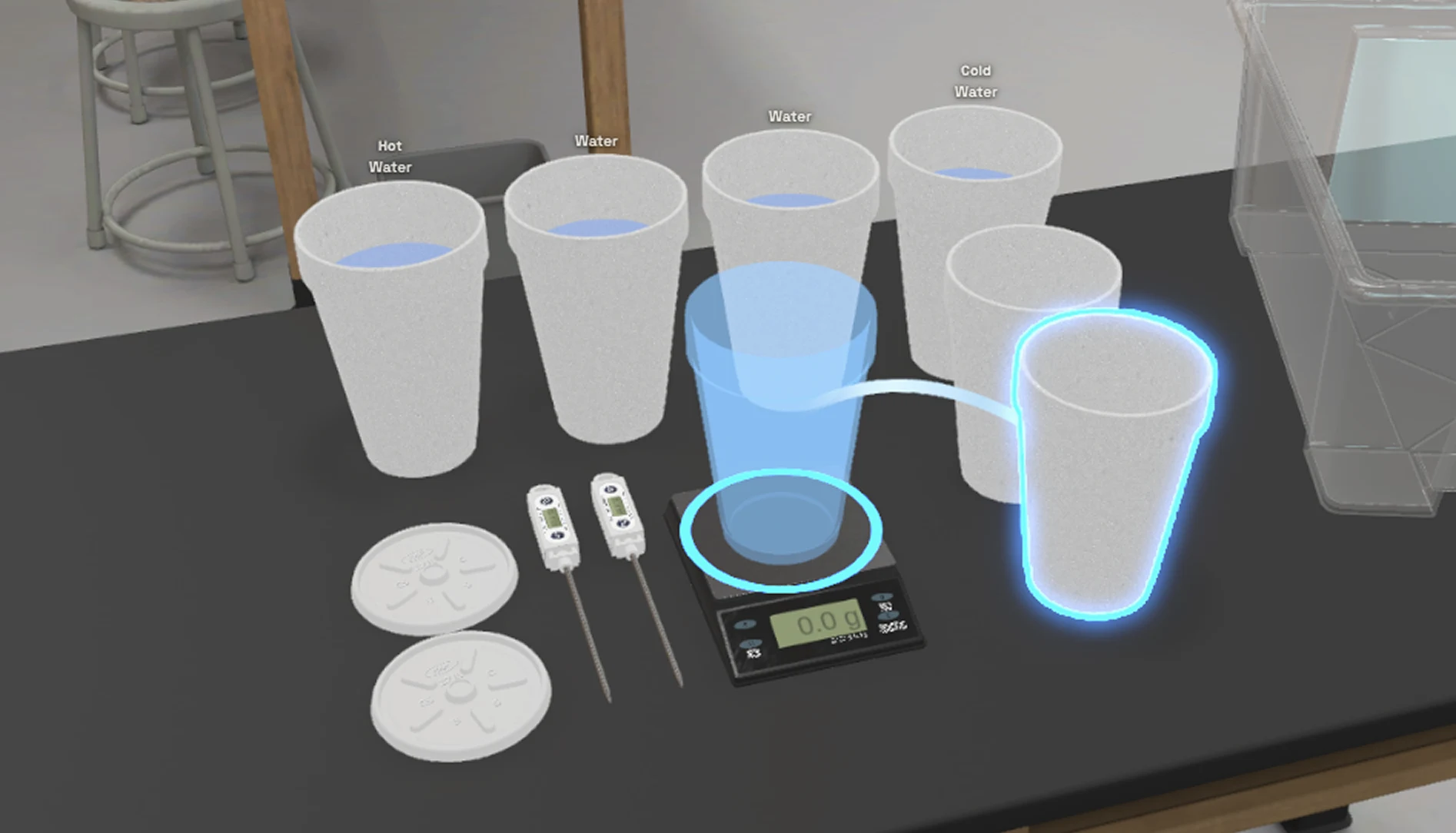 A bench of foam cups during a drag: the picked-up empty cup glows with a cyan outline, a translucent blue copy of it stands on the digital scale inside a cyan ring, and a curved line runs from the cup to the copy.
