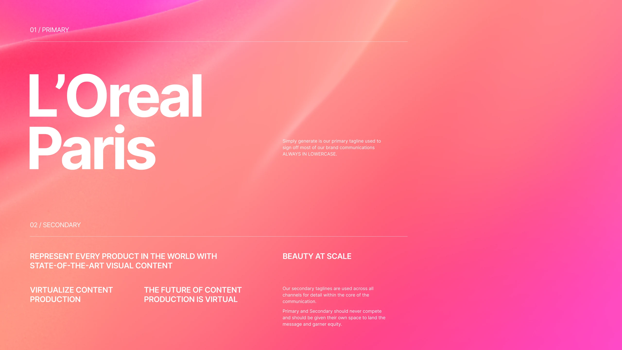 Taglines over a coral render: ‘L’Oreal Paris’ as the primary line, then the secondary taglines Represent every product in the world with state-of-the-art visual content, Beauty at scale, Virtualize content production and The future of content production is virtual