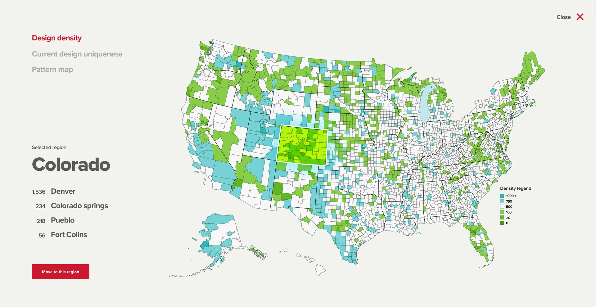 Map of the US: design density, with Colorado and its cities highlighted