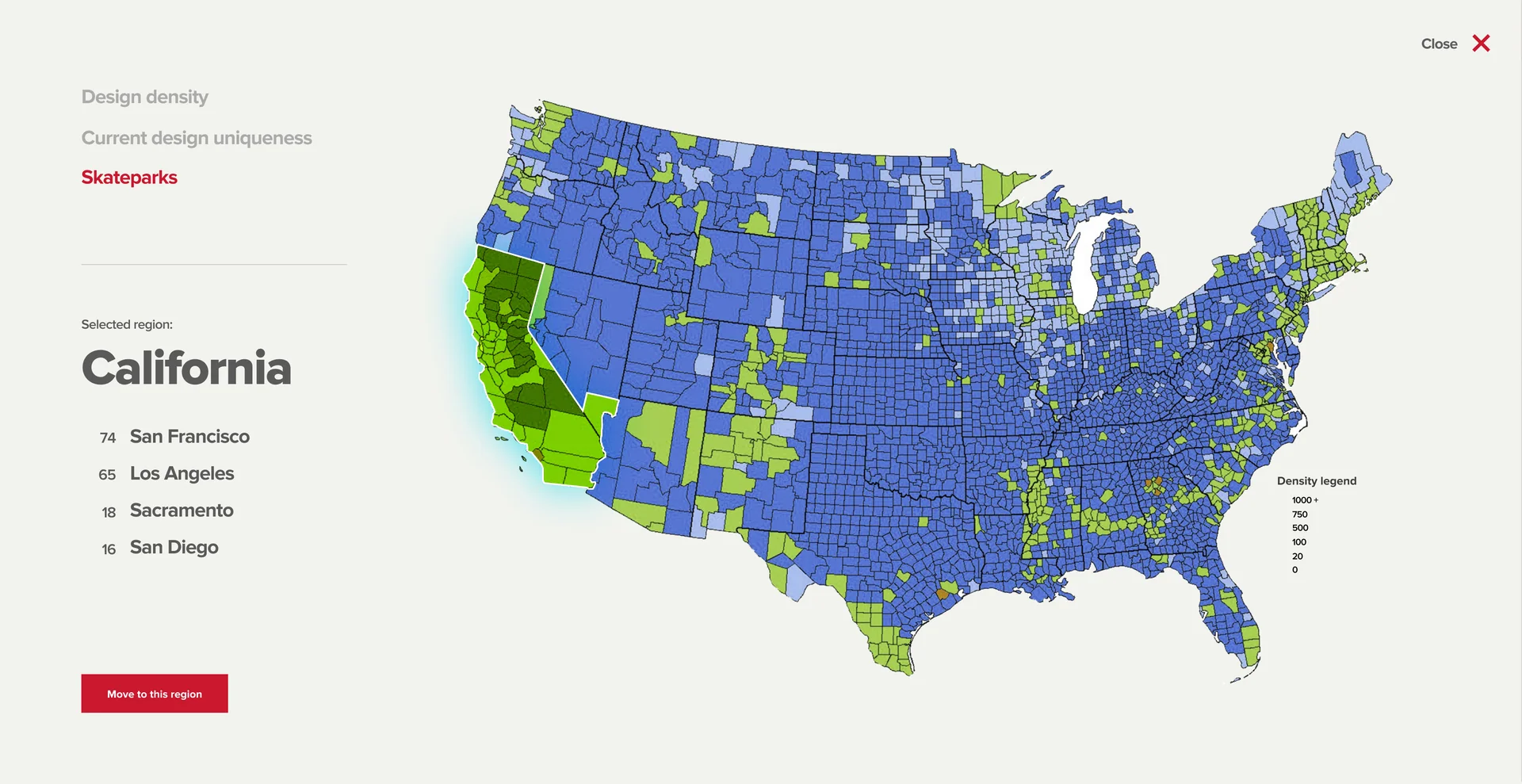 Map of the US: skateparks, with California and its cities highlighted