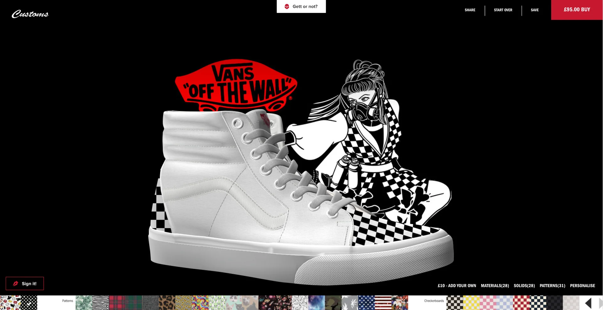 A checkerboard panel added; an illustrated figure appears behind the shoe