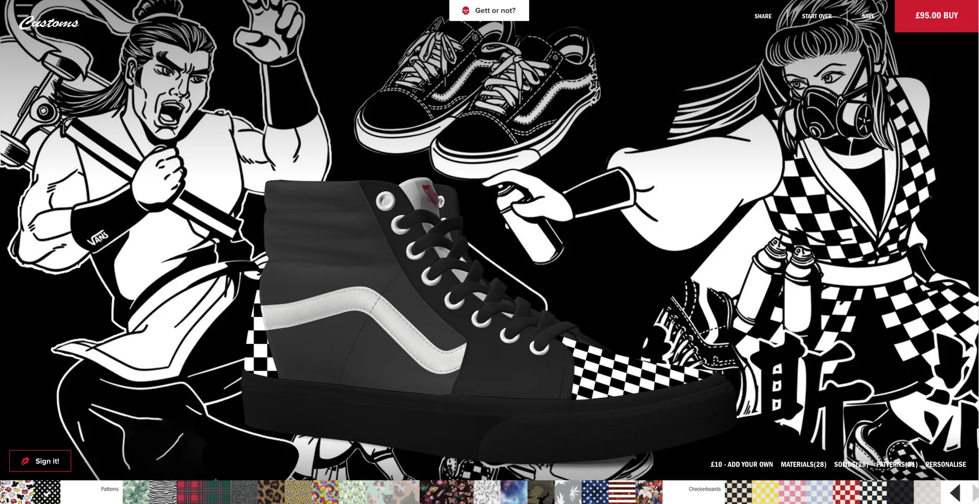 A warrior in a mask and a sunburst of rays behind the shoe