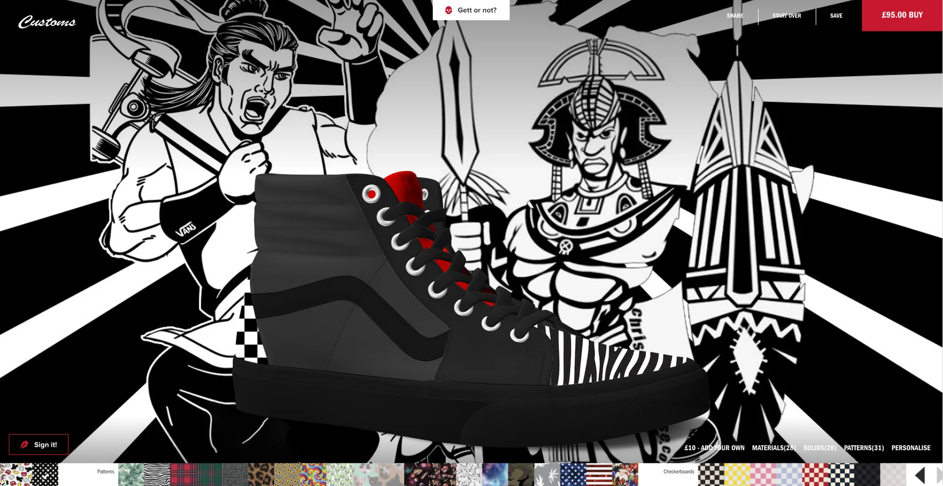 A helmeted guardian with spears rises behind the shoe