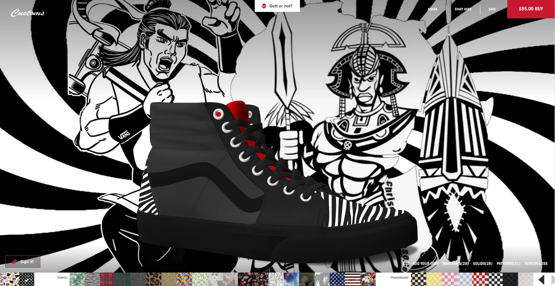 A black Sk8-Hi in front of the poster, now full of figures and rays