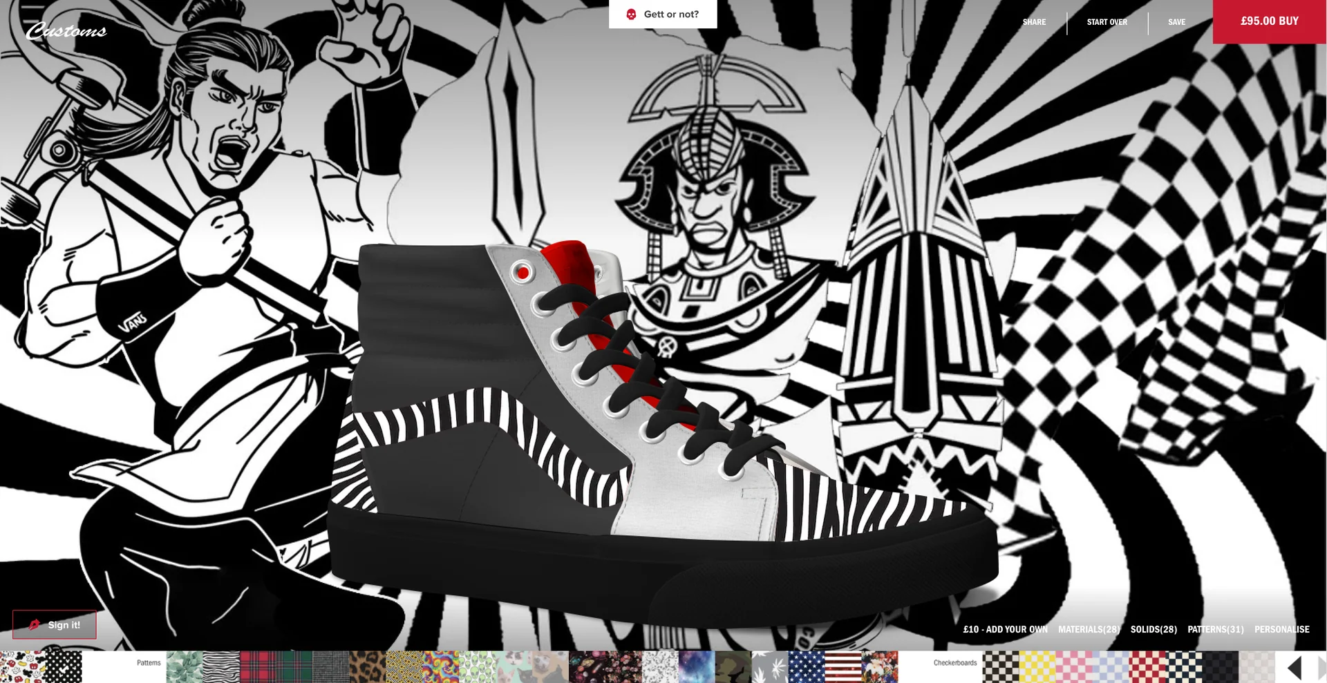 A zebra-striped Sk8-Hi with a red lining in front of the full poster