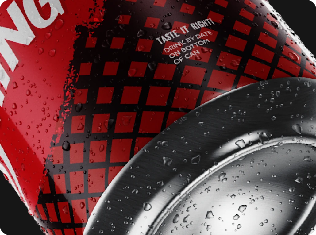 Close-up render of a red soda can with condensation droplets