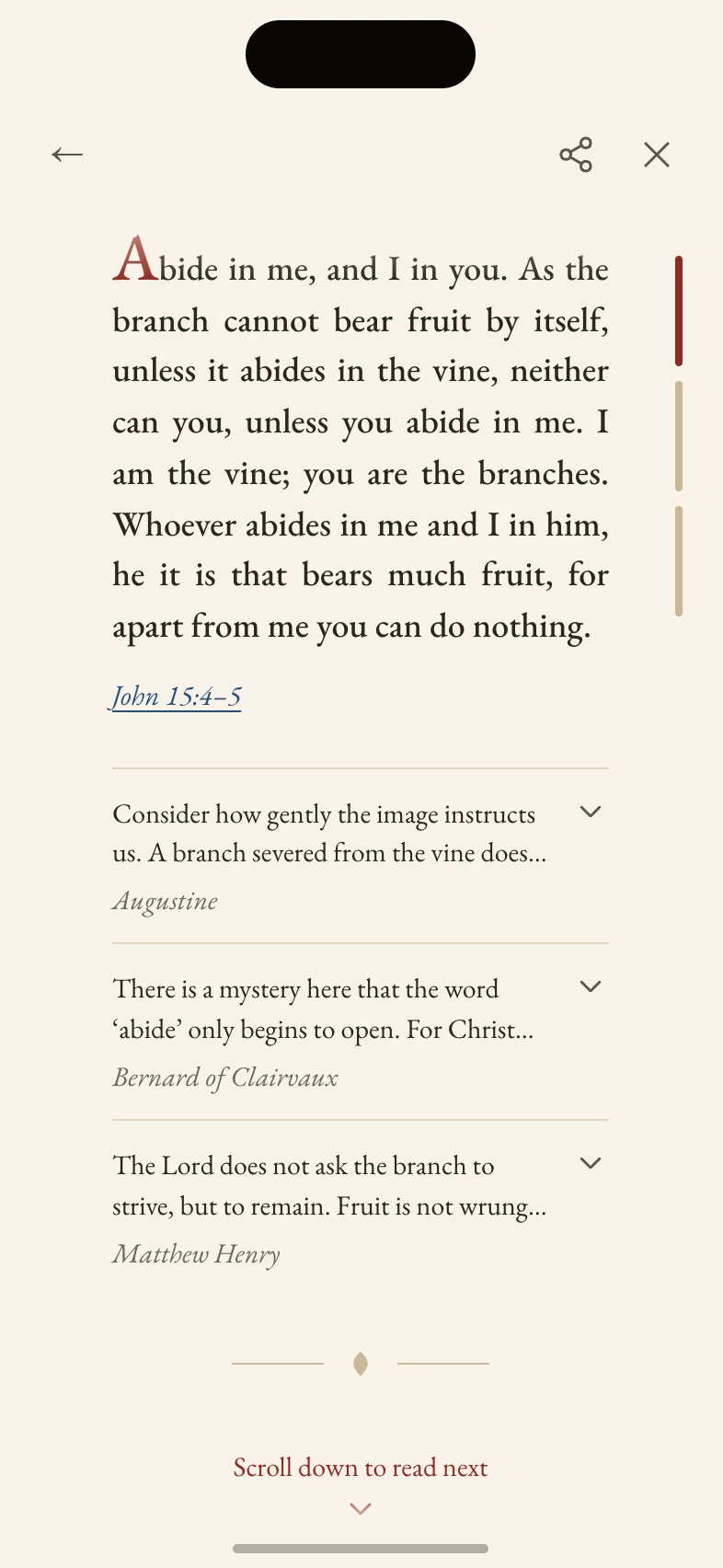The end of the first item with the hint Scroll down to read next.