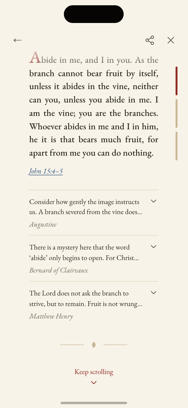 The page giving under a pull, with the hint Keep scrolling.
