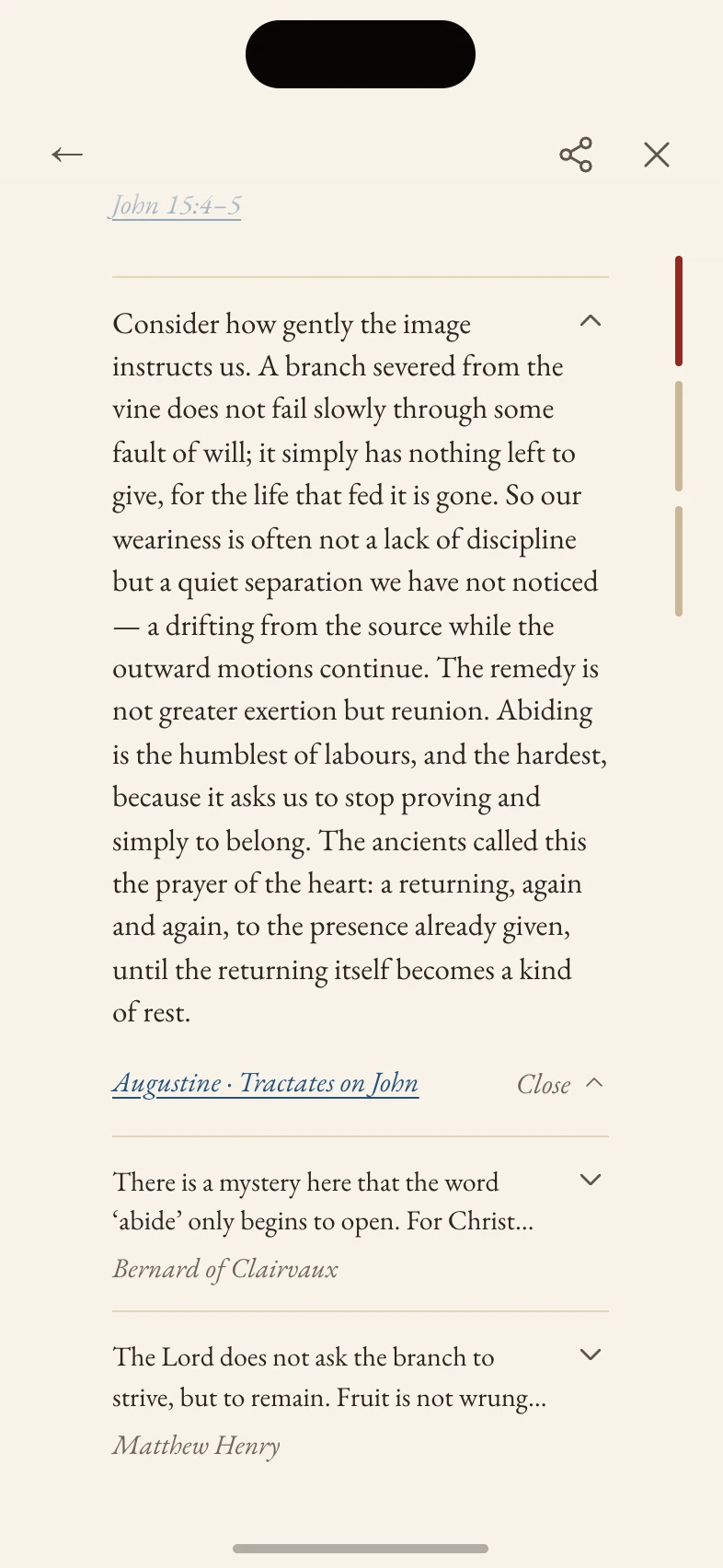 Augustine’s voice opened in place under John 15, with the chevron turned up and Close at its foot.