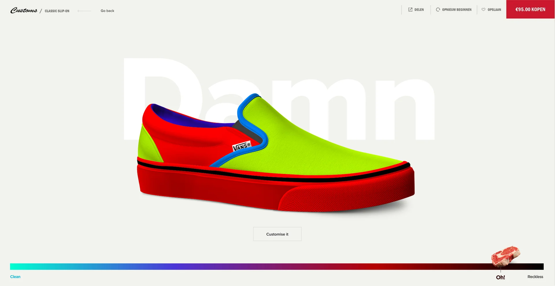 A red and lime slip-on rated “Damn”, far towards reckless