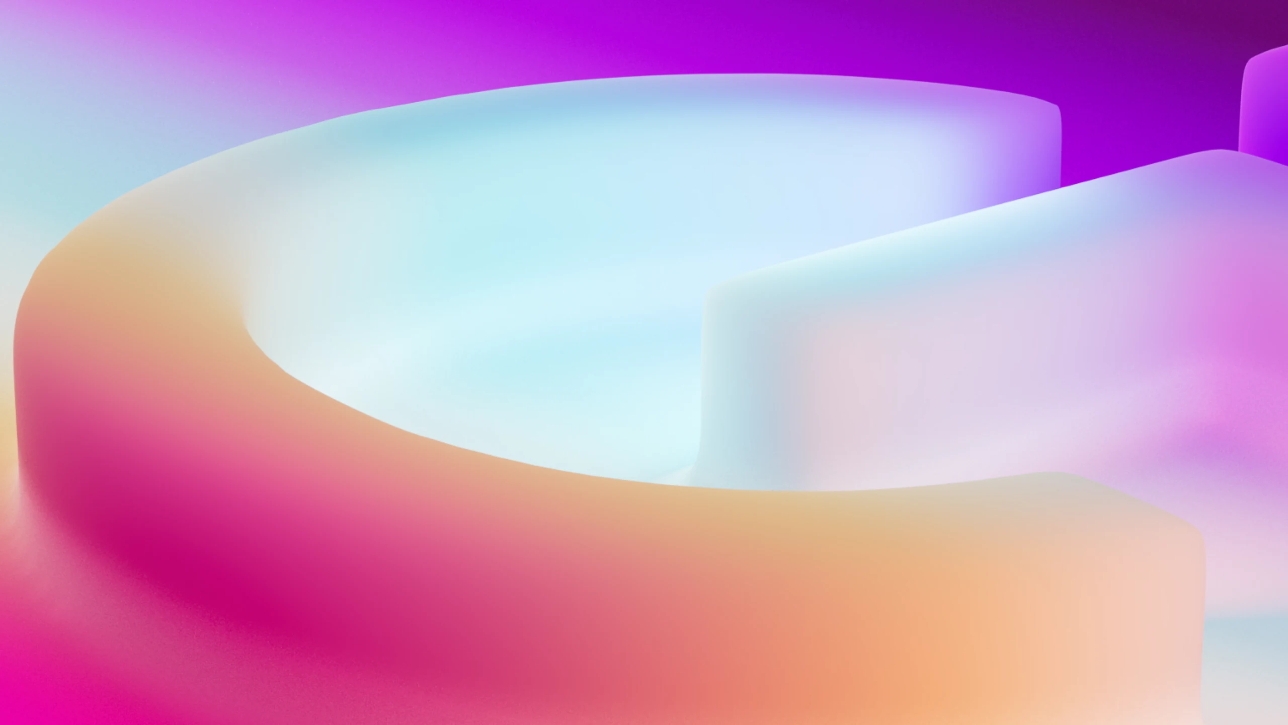 A soft 3D ring in pastel cyan, peach and magenta curving across the frame