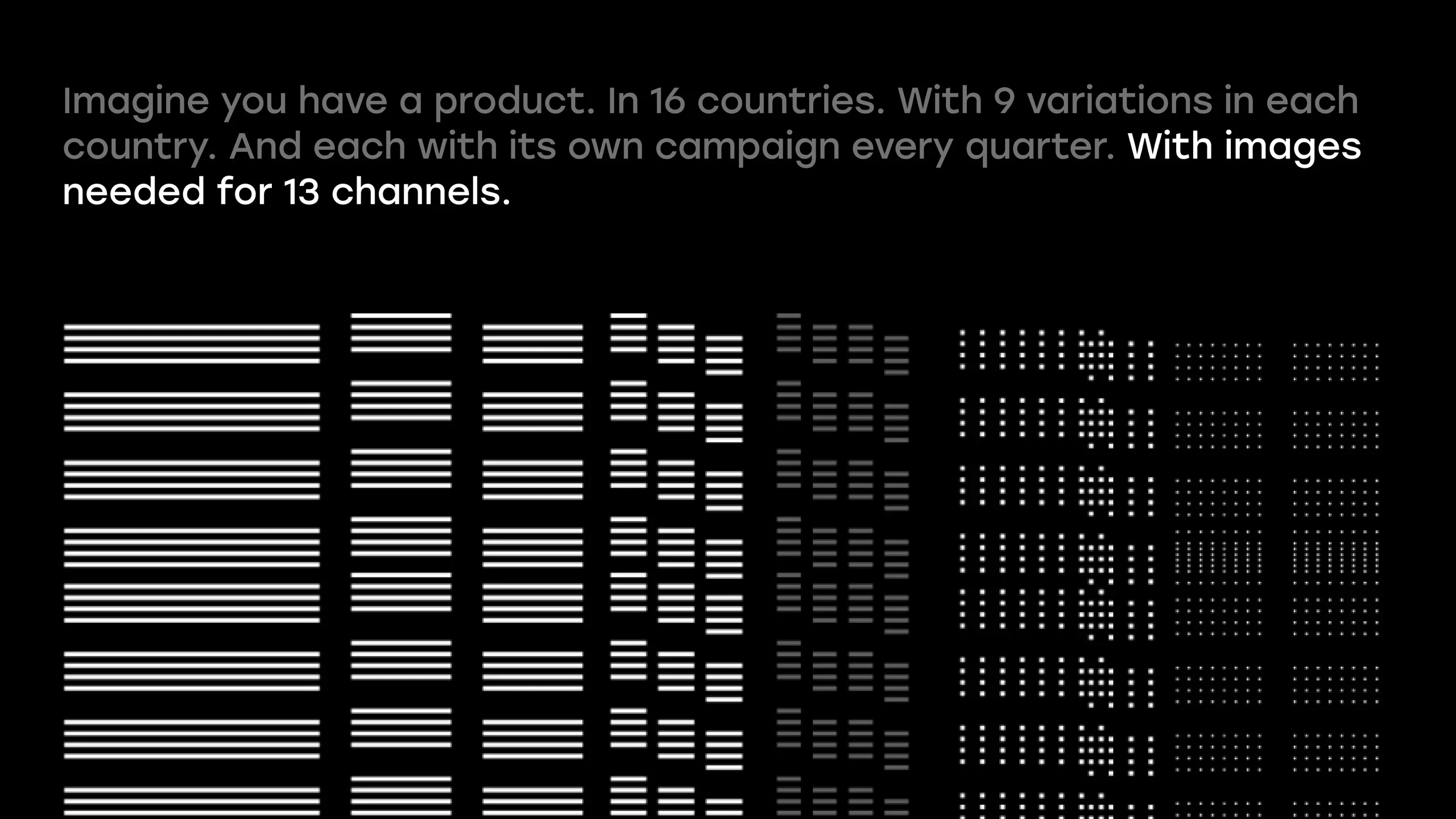 The sentence goes on, ‘And each with its own campaign every quarter. With images needed for 13 channels.’, over the bars multiplied into rows of lines and dots