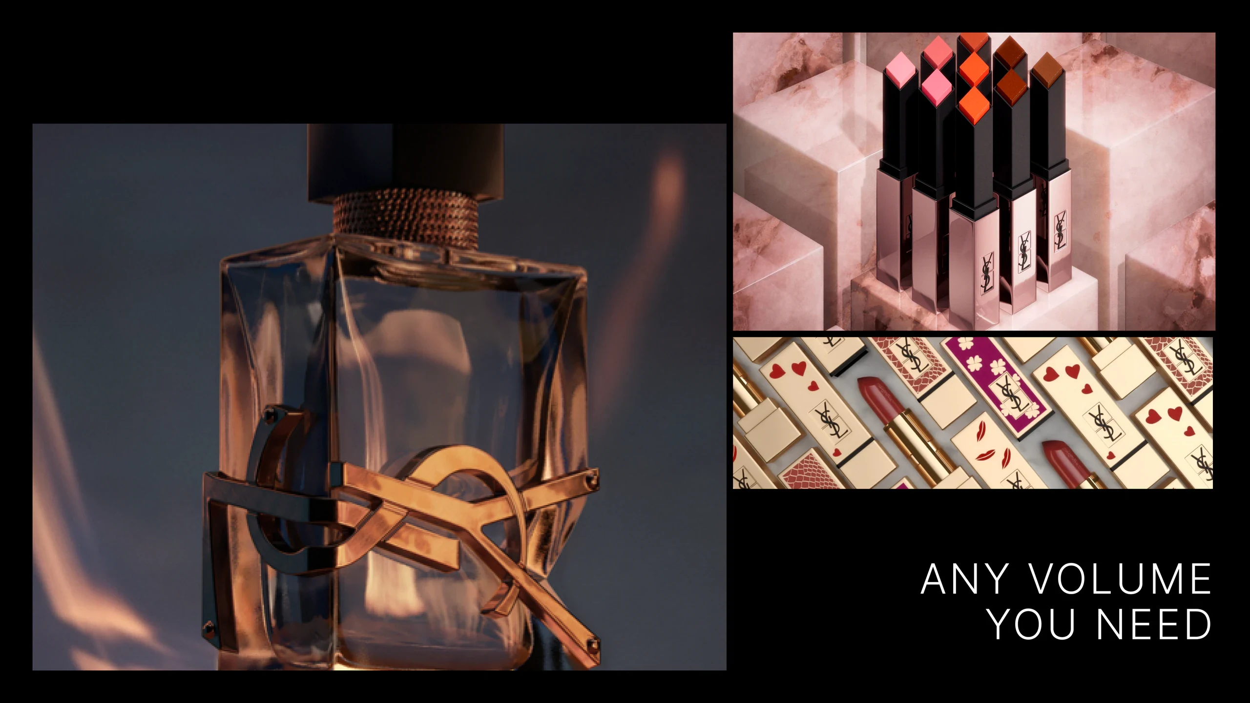 A perfume bottle render with a gold monogram beside two lipstick renders, captioned ‘Any volume you need’