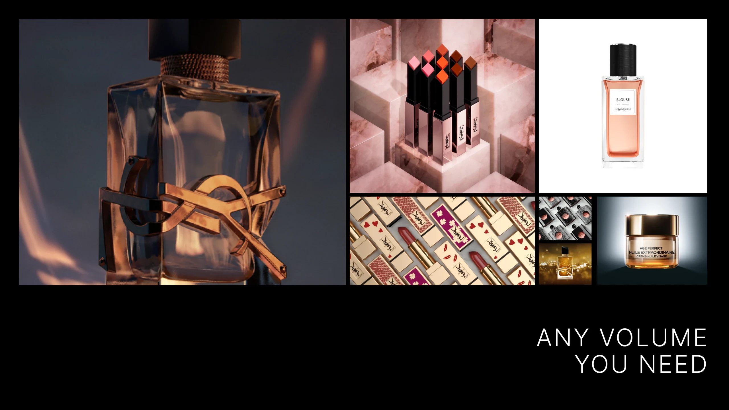 The perfume render beside a growing grid of lipstick, perfume and skincare renders, captioned ‘Any volume you need’
