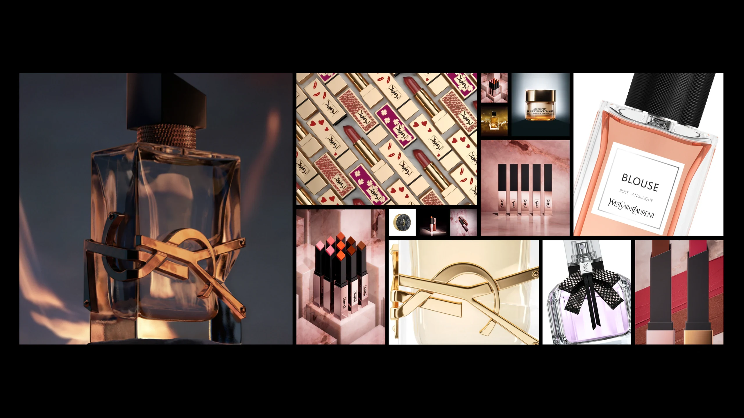 A collage of perfume, lipstick and skincare renders filling the slide