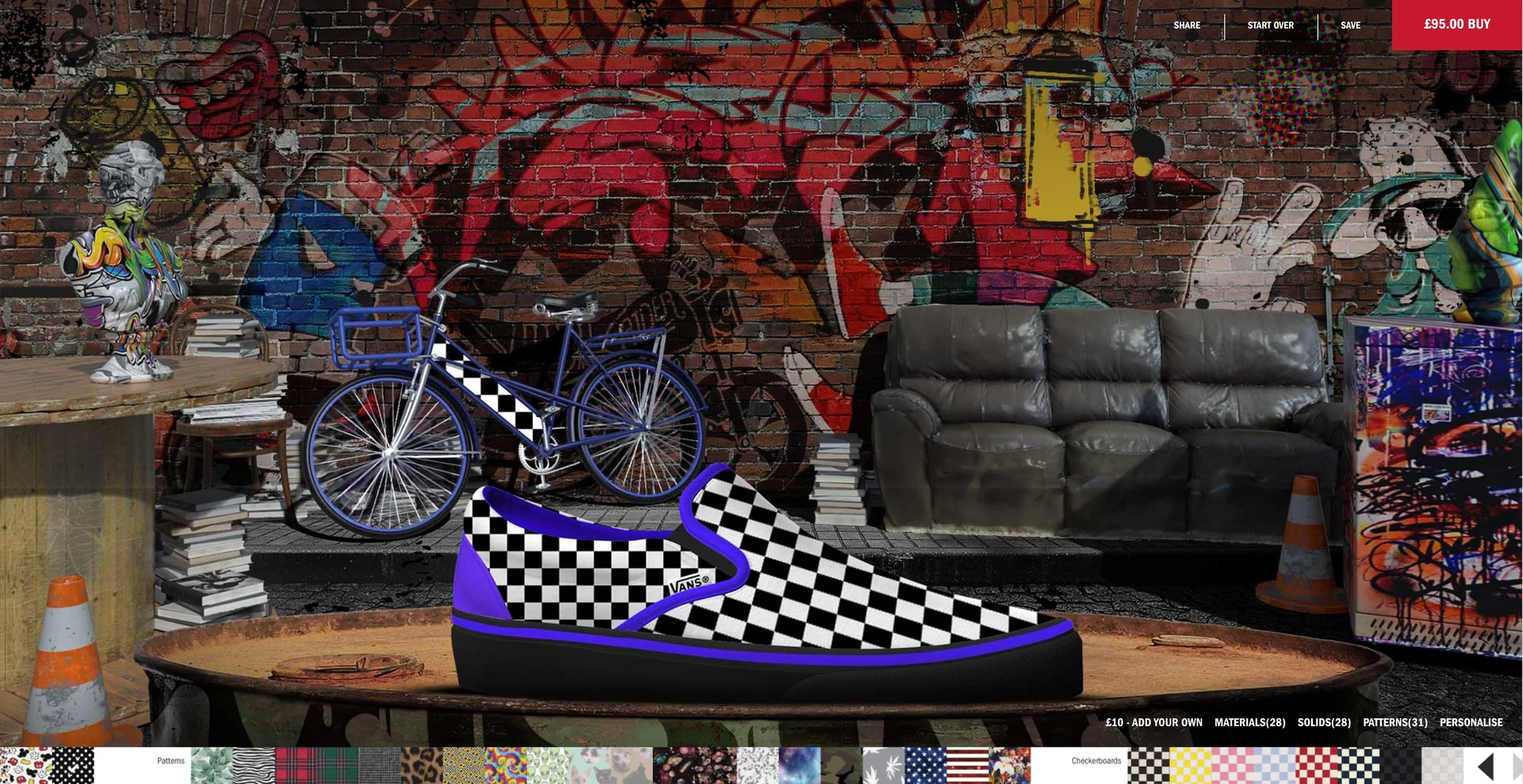 The street fully alive around a purple and checkerboard slip-on