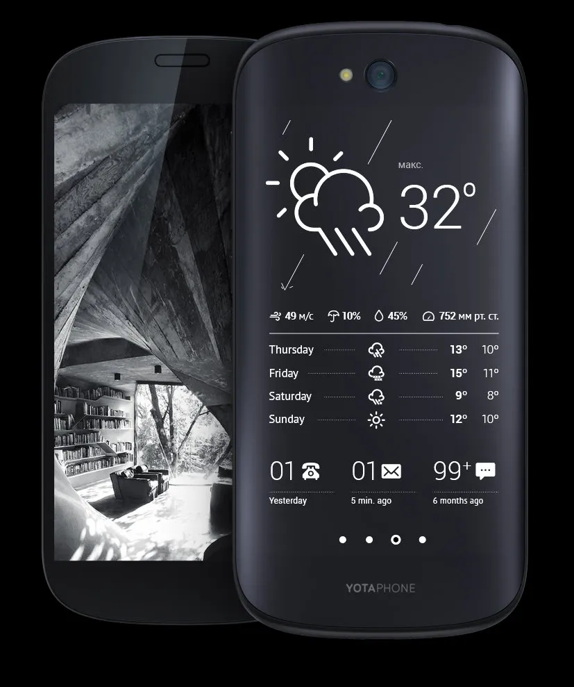 Both screens: a photo on the colour front display, and the weather, calls and messages on the e-ink back