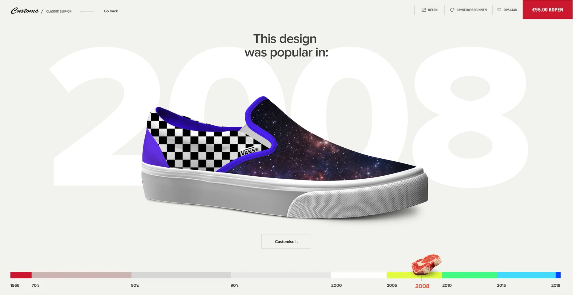 A galaxy-print slip-on over “2008”, with a timeline of years below
