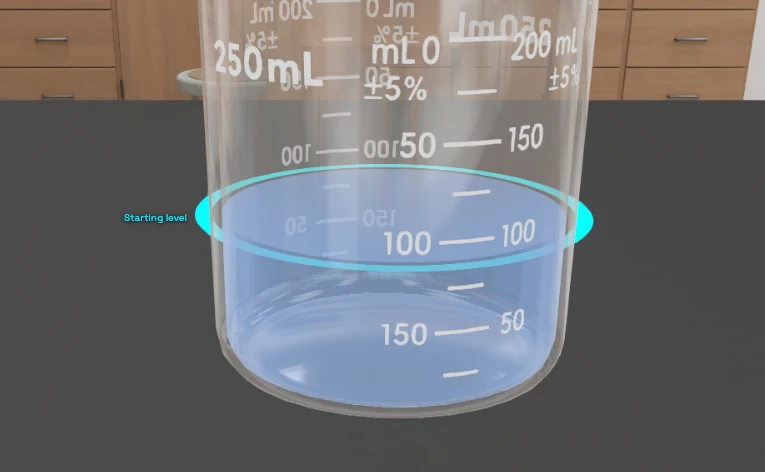 Close view of a 250 ml beaker of water. A thin cyan ring sits exactly on the water surface, following the meniscus around the inside of the glass, with a small cyan authored caption to its left.