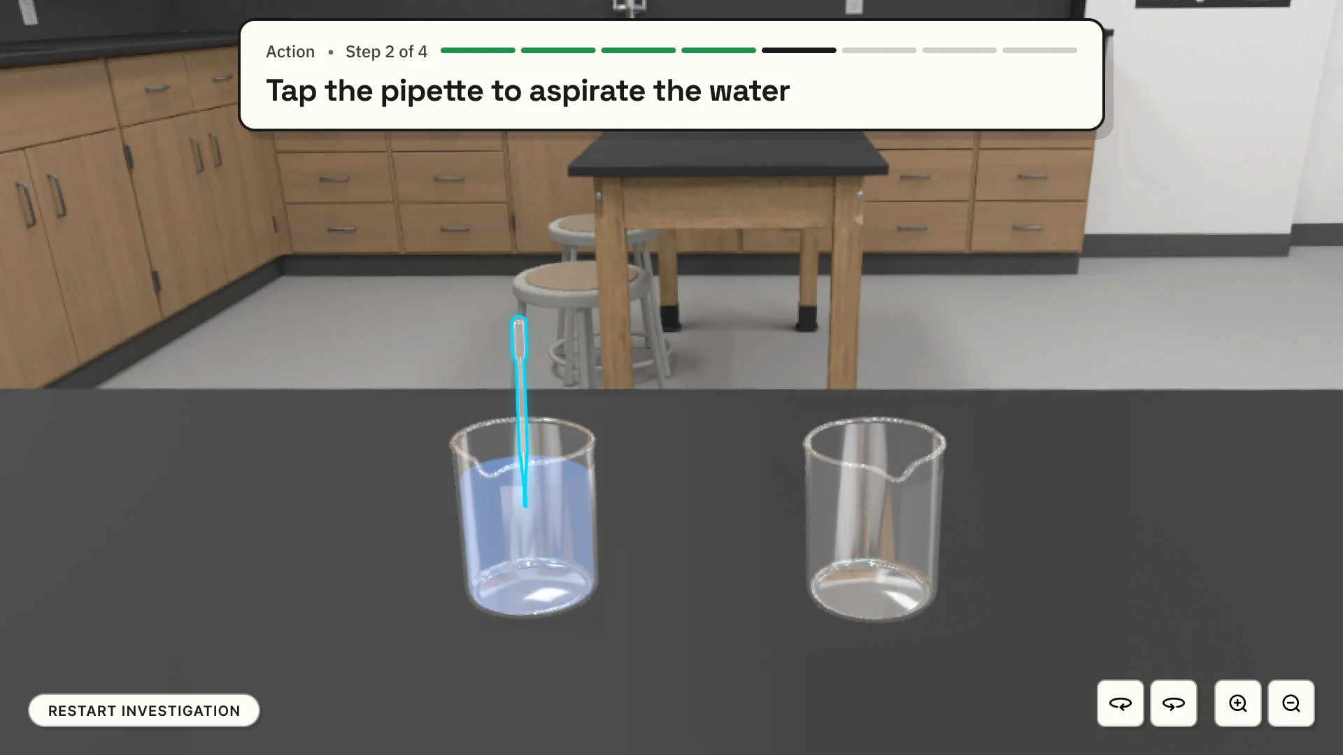 Production view: pipette tip inside the source beaker, step bar reads 'Tap the pipette to aspirate the water'.