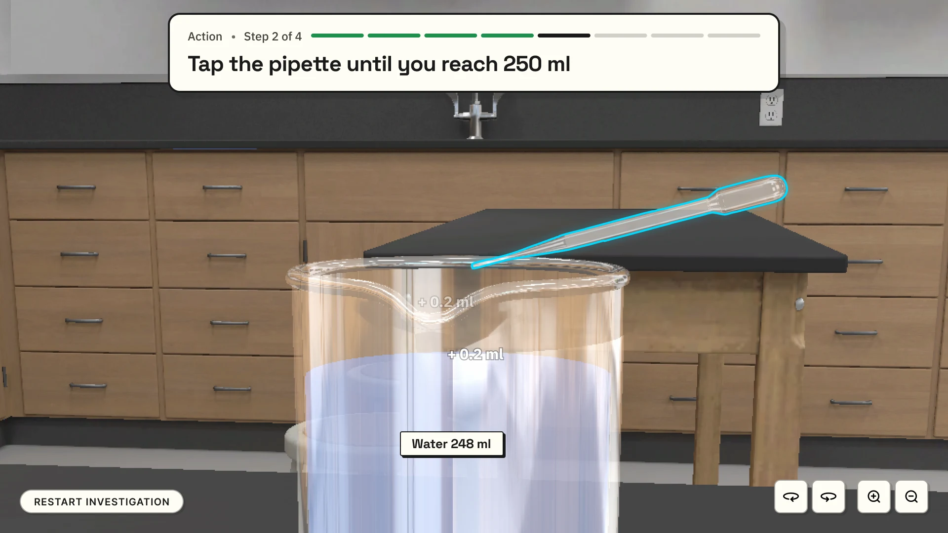 Production view: pipette positioned at the cylinder rim mid-dispense, '+0.2 ml' floaters rising from the meniscus area, substance label reads 'Water 248 ml', step bar reads 'Tap the pipette until you reach 250 ml'.